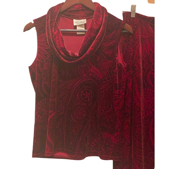 Vintage Kathie Lee Red Black Velvet Velour Maxi Skirt Cowl Neck Top L Holiday - Picture 7 of 11